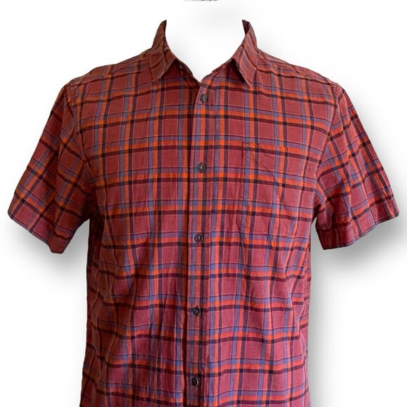 Prana Mens Shirt Sz Large Brown Blue Plaid Slim Fit Short Sleeve Organic Cotton - Picture 3 of 8